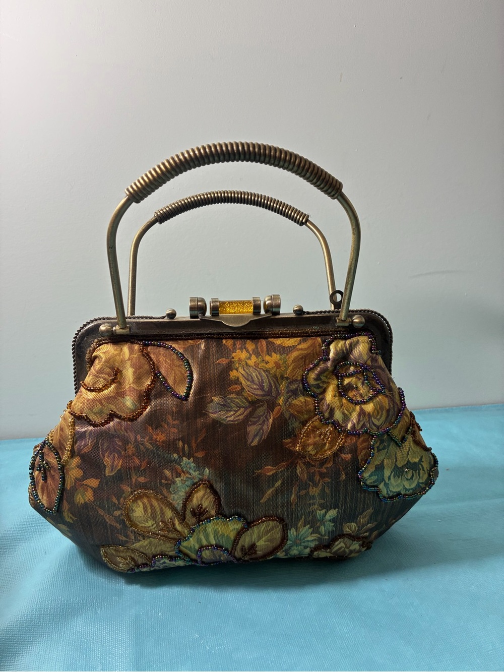 Vintage Floral Tapestry Beaded Handbag in Brown Bronze and Gold